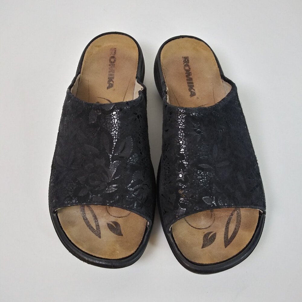 Romika Ibiza 101 Wedge Slide Sandal Comfort Black Floral Leather Size 37/6.5 EUC